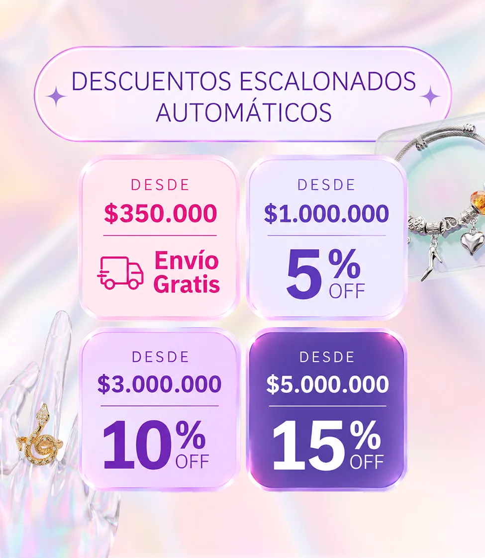 Descuentos escalonados automáticos. Desde $350.000: envío gratis. Desde $1.000.000: 5% off. Desde $3.000.000: 10% off. Desde $5.000.000: 15% off